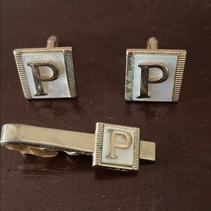 SWANK Silver and White Monogram Cufflinks and Tie Clip